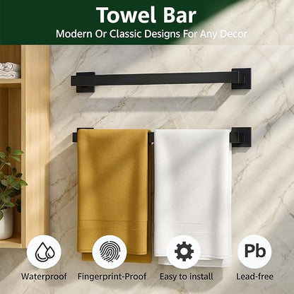 Matte Black 5-Piece SUS304 Stainless Steel Bathroom Hardware Set | Includes two 23.8-inch towel bars, one toilet paper holder, one towel ring and one robe hook for coordinated wall storage.
