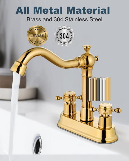 4 Inch Centerset Bathroom Sink Faucet 2 Handle Polish Gold | Swivel Spout,Pop Up Drain,cUPC Hose,for 2 or 3 Hole Sink,Lavatory,Vintage,Farmhouse,RV,SUS304 Mixer Tap,Metal Cross Handle