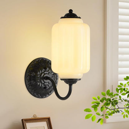 Milk Glass Sconce Set of 2 Vintage Vanity Sconces Bulb Included | Milk Glass Art Deco Antique Wall Sconce Wall Light for Bedroom Bathroom Living Room Entryway, Antique Black and White 2 Pack