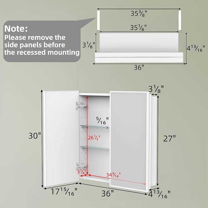 Buruis 36 x 30 Inch Framed Medicine Cabinet Mirror, Recessed/Wall Mounted | Fully Assembled, Fits 35-5/16 x 27-3/16 Inch Rough Opening, Adjustable Glass Shelves, Soft-Close Hinges, White