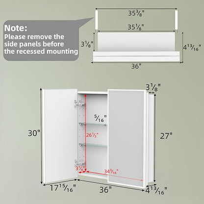 Buruis 36 x 30 Inch Framed Medicine Cabinet Mirror, Recessed/Wall Mounted | Fully Assembled, Fits 35-5/16 x 27-3/16 Inch Rough Opening, Adjustable Glass Shelves, Soft-Close Hinges, White