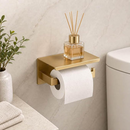 Luxury 5-Piece Bathroom Hardware Set with 23.6" Double Towel Bar and Toilet Paper Holder Shelf, Wall Mounted Bathroom Accessories, Modern Square Design SUS304 Stainless Steel Solid Metal, Brushed Gold