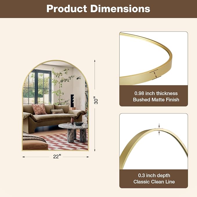 22"x30" Brushed Gold Arched Vanity Bathroom Mirror, Set of 2 | Aluminum Alloy Frame, Clear Reflection, Rust-Resistant, Vertical or Horizontal, Wall Mount, Bedroom and Entryway