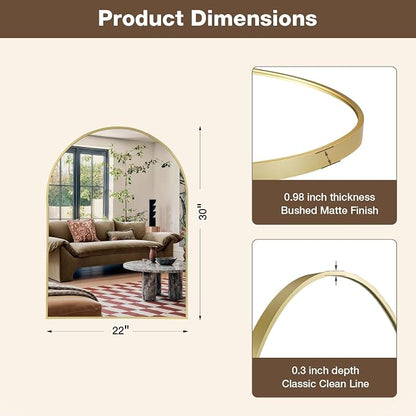 22"x30" Brushed Gold Arched Vanity Bathroom Mirror, Set of 2 | Aluminum Alloy Frame, Clear Reflection, Rust-Resistant, Vertical or Horizontal, Wall Mount, Bedroom and Entryway