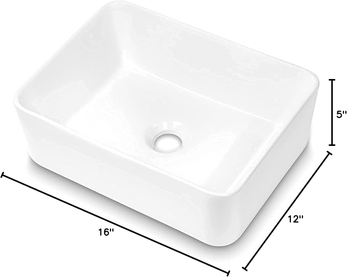 16" x 12" Vessel Sink Rectangle Bathroom Vessel Sink Countertop 16 In Rectangular White Ceramic Porcelain Farmhouse Lavatory Vanity Bath Sink Basin
