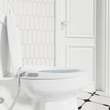 Clirass Bidet Toilet Seat, Soft Close Toilet Seat, Button control Feminine/Posterior Wash Switch, Knob Control Water Pressure,White Bidet Seat Attachment with Brass inlet (Elongated-D)