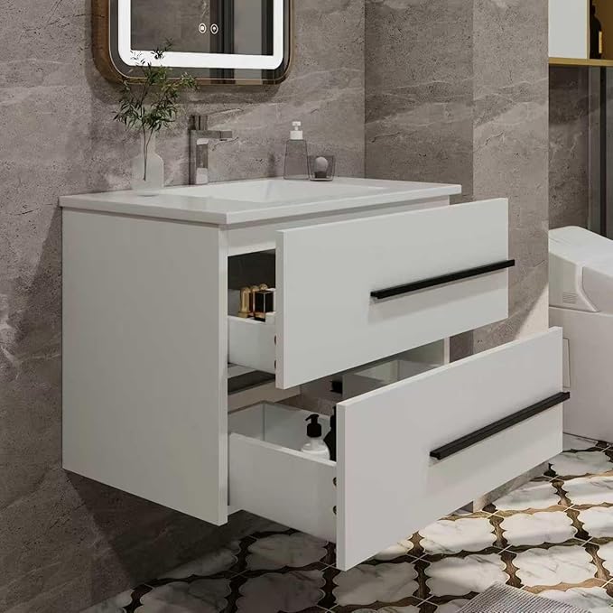 30 Inch Bathroom Vanity, Modern Wall Mounted Floating Bathroom Vanity, Bathroom Vanities Sink Cabinet with Storage Drawers & Metal Handles (White Without Ceramic Sink 30")