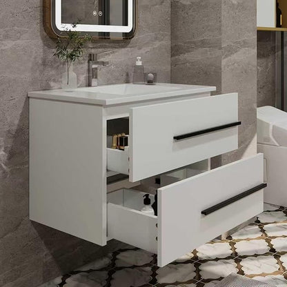 30 Inch Bathroom Vanity, Modern Wall Mounted Floating Bathroom Vanity, Bathroom Vanities Sink Cabinet with Storage Drawers & Metal Handles (White Without Ceramic Sink 30")