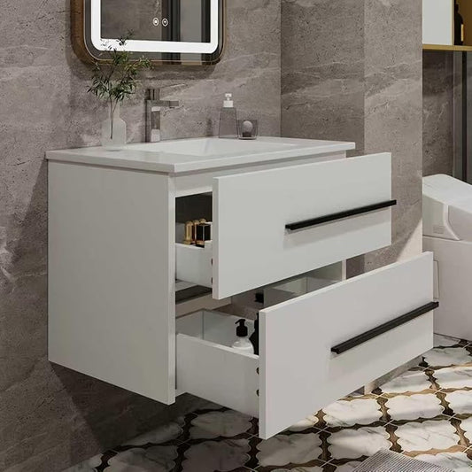 30 Inch Bathroom Vanity, Modern Wall Mounted Floating Bathroom Vanity, Bathroom Vanities Sink Cabinet with Storage Drawers & Metal Handles (White Without Ceramic Sink 30")