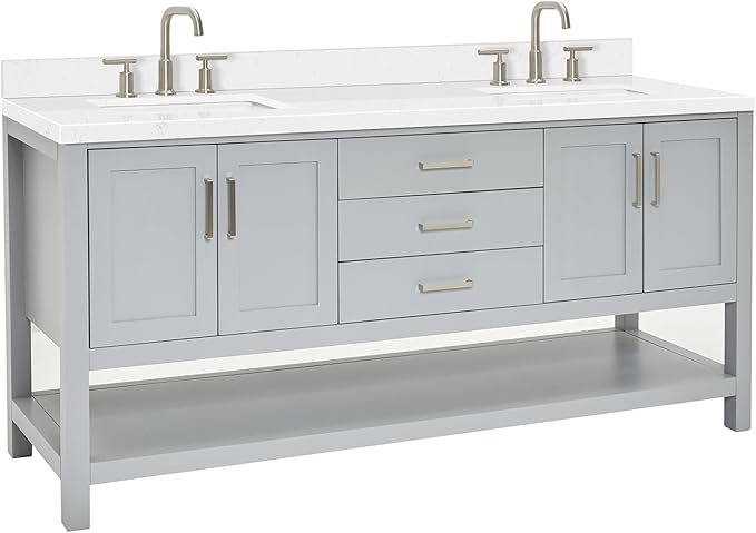 ARIEL Magnolia 72-inch Bathroom Vanity with Sink,Solid Wood, 1.5-inch Carrara White Quartz Countertop & Backsplash, Double Rectangular Porcelain Sink, 4 Soft Closing Doors, 3 Dovetail Drawers, Grey