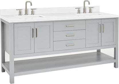 ARIEL Magnolia 72-inch Bathroom Vanity with Sink,Solid Wood, 1.5-inch Carrara White Quartz Countertop & Backsplash, Double Rectangular Porcelain Sink, 4 Soft Closing Doors, 3 Dovetail Drawers, Grey