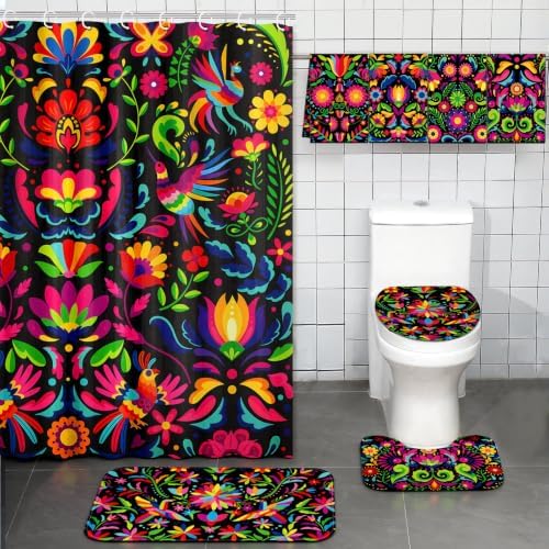 FuWeave 8 Pcs Mexico Floral Shower Curtain Set for Bathroom Decor Include Mexican Folk Art Floral Bird Shower Curtain Towels Non Slip Rugs Toilet Lid Cover Colorful Bohemian Bath Mat and 12 Hooks