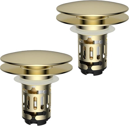 Hibbent 2 Pack Upgraded 3 in 1 Bathroom Sink Drain Strainer, Pop Up Sink Stopper with Big Cap, Anti-Clogging Metal Filter Basket,Sink Plug with Hair Catcher for 1.1''~2.36'' Basin, Brushed Gold