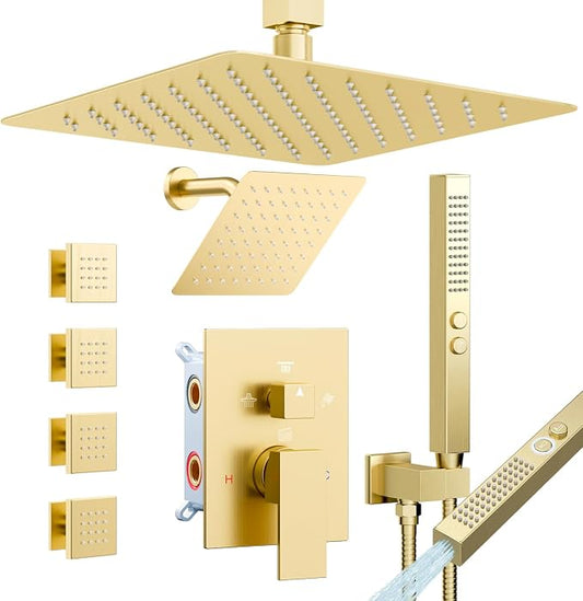 Shower System with 4 Body Spray Jets, STARBATH 4 Way 12 + 6"Rainfall Shower Head with Handheld Combo, Ceiling Mounted Shower Jets System in Wall Shower Faucet Set, Brushed Gold