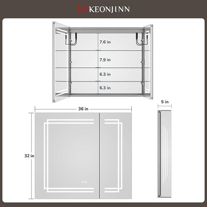 Keonjinn 36 x 32 Inch Lighted Medicine Cabinet, Large Medicine Cabinet with LED Bathroom Mirror, Tempered Glass, Adjustable Shelves, Double Doors, 3 Color Temperature, Anti-Fog, Surface Mount Only