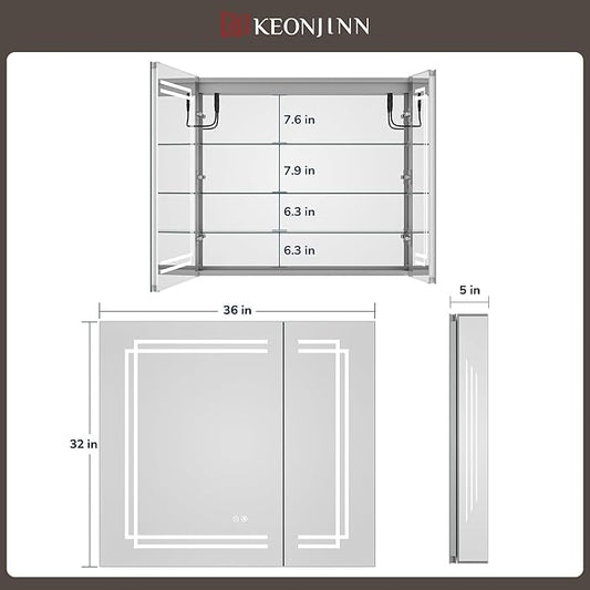Keonjinn 36 x 32 Inch Lighted Medicine Cabinet, Large Medicine Cabinet with LED Bathroom Mirror, Tempered Glass, Adjustable Shelves, Double Doors, 3 Color Temperature, Anti-Fog, Surface Mount Only