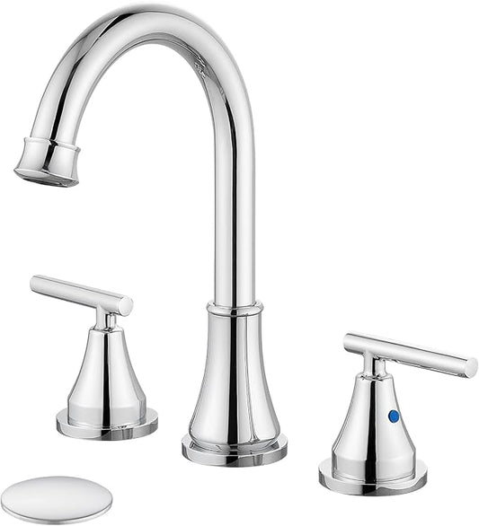 Widespread Bathroom Faucet 3 Hole, 8 inch Bathroom Sink Faucet with Pop-up Drain and Supply Lines, Two Handles, Stainless Steel, Polish Chrome