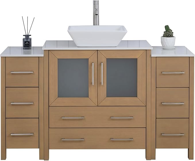 Vanity Art 54 Inch Vessel Single Sink Bathroom Vanity Cabinet with 1 Mirror, Engineered Marble Top Bathroom Cabinet Compact Set with 8 Dovetail Drawers and Soft Closing Doors, VA3130-54NO