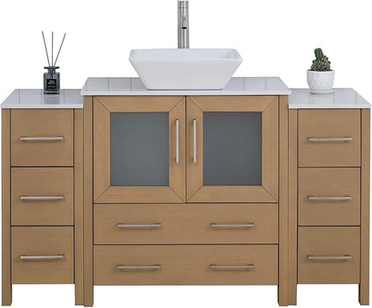 Vanity Art 54 Inch Vessel Single Sink Bathroom Vanity Cabinet with 1 Mirror, Engineered Marble Top Bathroom Cabinet Compact Set with 8 Dovetail Drawers and Soft Closing Doors, VA3130-54NO