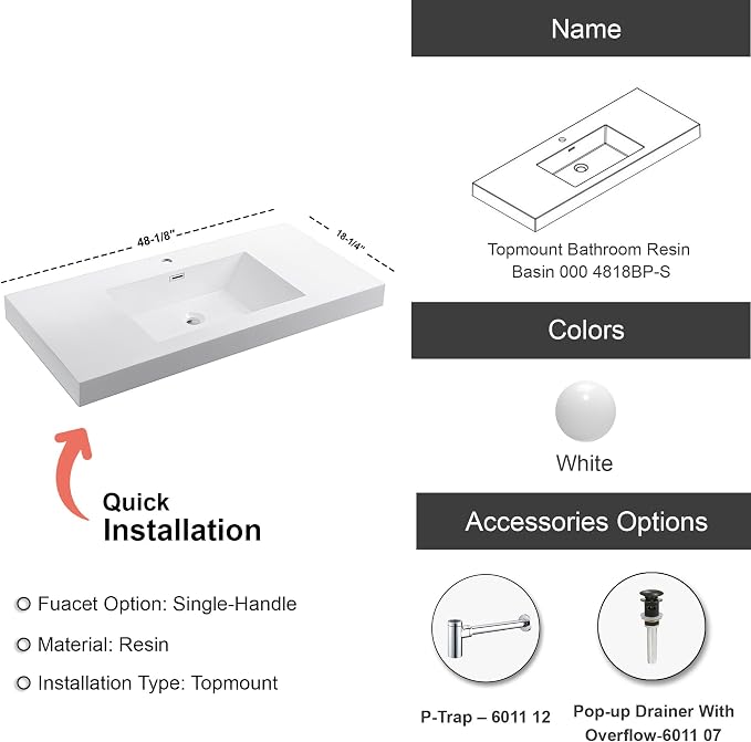 Dowell 48" Bathroom Sink,Single Bowl Vanity Basin,Rectangular Drop-In Bathroom Sink with Overflow,White-000 4818BPS