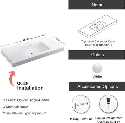 Dowell 48" Bathroom Sink,Single Bowl Vanity Basin,Rectangular Drop-In Bathroom Sink with Overflow,White-000 4818BPS