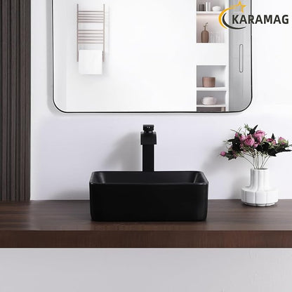 Black Vessel Sink Rectangle 16"x12" Bathroom Sink Rectangular Modern Above Counter 16 Inch Small Bathroom Sinks Matte Black Porcelain Ceramic Vessel Vanity Sink Art Basin