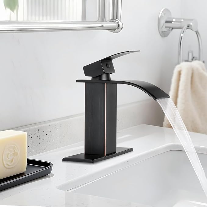 ORB Bathroom Faucets, Waterfall Bathroom Sink Faucet Modern Single Handle Bathroom Faucte 1 or 3 Hole, RV Mixer Tap Vanity Faucet - Includes Pop-up Drain Supply Hoses Deck Plate