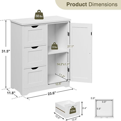 SUPER DEAL Bathroom Storage Cabinet with 3 Drawers and 1 Door, Entryway Home Decor Furniture Towels Storage Organizer Unit, White
