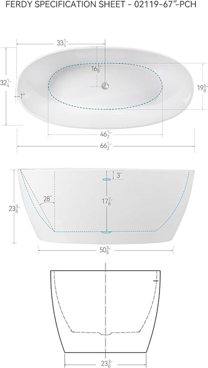 FerdY Tahiti 67" Freestanding Bathtub Elegant Oval Shape, Glossy White Double Walled Insulation bathtub with Center Polished Chrome Drain, UPC Certified -02119