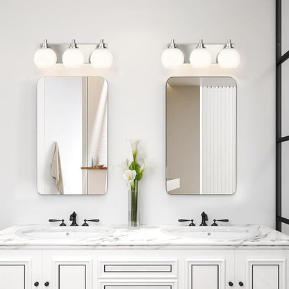 IZORRO Bathroom Light Fixtures, 3-Light Brushed Nickel Vanity Light, Modern Wall Sconces with Globe Milk White Glass Shade, Vanity Lighting Fixtures Over Mirror,E26 Bulb Socket