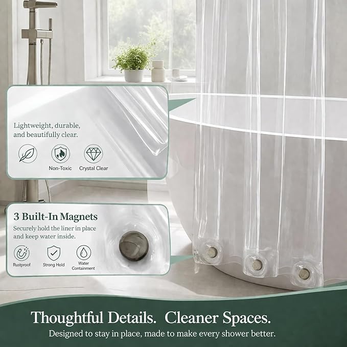EHZNZIE Crystal Clear Shower Curtain Liner 54x78, PEVA Waterproof Bath Curtain, No Chemical Smell, Weighted Magnets, Durable with 9 Rustproof Metal Grommets