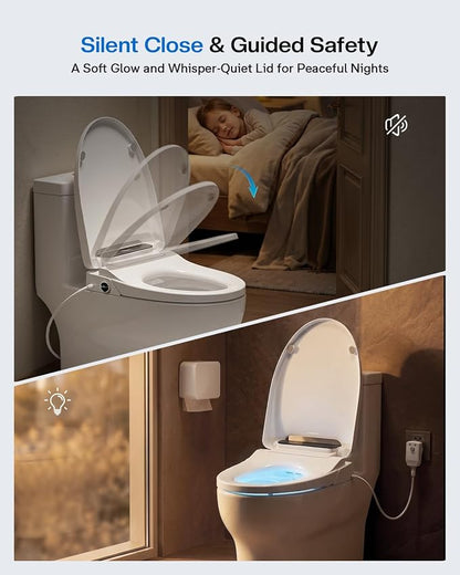 Smart Bidet Toilet Seat Elongated, KEETO Electric Heated Seat with Instant Warm Water, Warm Air Dryer, Front & Rear Wash, Oscillating Nozzle, Wireless Remote, Night Light, Soft Close Lid