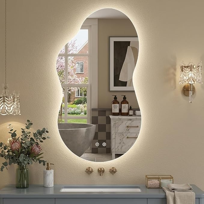 Irregular LED Mirror with Lights 40x24 Inch Backlit Asymmetrical Bathroom Mirrors for Wall Cloud Lighted Vanity Mirrors Shatterproof, Anti-Fog, Dimmable, 3 Colors (Horizontal/Vertical)