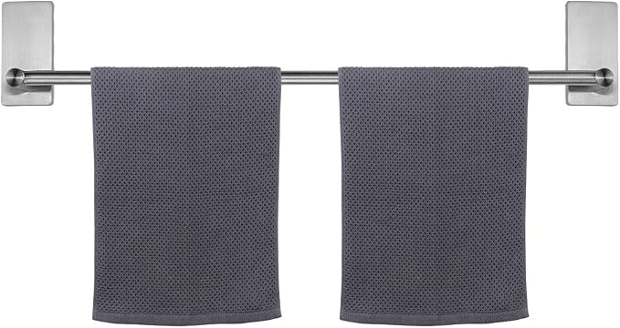 NearMoon Self Adhesive Bathroom Towel Bar- Stainless Steel Bath Wall Shelf Rack Hanging Towel Stick On Sticky Hanger Contemporary Style, NO Drilling (1 Pack, Brushed Nickel, 27-Inch Towel Rack)