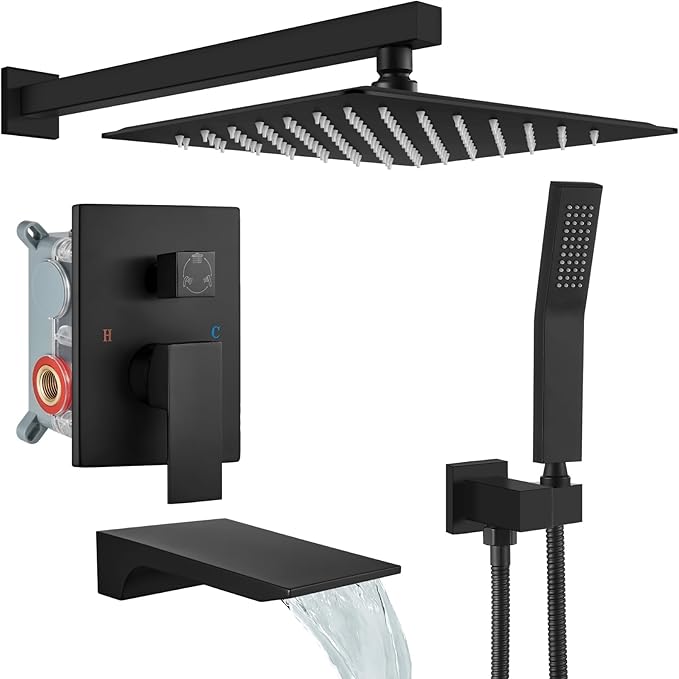 gotonovo Tub Shower Faucet Set with Valve 10'' Rain Head,Matte Black | Waterfall Tub Spout Shower System,Bathtub Faucet Set,SUS304 Rain Head with Handheld,Brass Valve Trim Kit,All Metal,Wall Mount