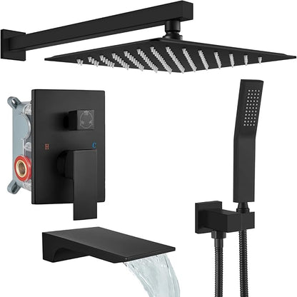 gotonovo Tub Shower Faucet Set with Valve 10'' Rain Head,Matte Black | Waterfall Tub Spout Shower System,Bathtub Faucet Set,SUS304 Rain Head with Handheld,Brass Valve Trim Kit,All Metal,Wall Mount