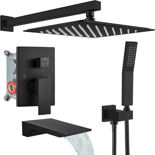 gotonovo Tub Shower Faucet Set with Valve 10'' Rain Head,Matte Black | Waterfall Tub Spout Shower System,Bathtub Faucet Set,SUS304 Rain Head with Handheld,Brass Valve Trim Kit,All Metal,Wall Mount