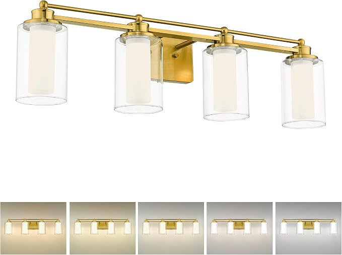 HWH 4-Light Bathroom Vanity Light, Brushed Gold, 5CCT, 5HLT63B-4W-LED BG | Clear Glass, Dimmable, 24W, Vanity Lights for Bathroom, Brass Wall Light Fixtures, Vanity Lights for Mirror, For Bedroom
