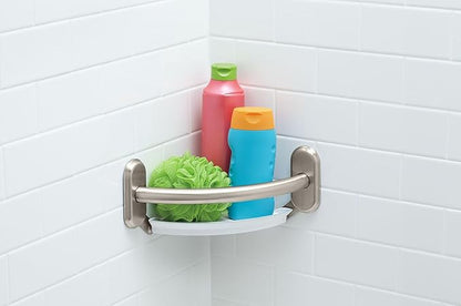 Moen LR2354DBN Bathroom Safety 9-Inch Curved Bathroom Grab Bar with Integrated Corner Shelf, Brushed Nickel