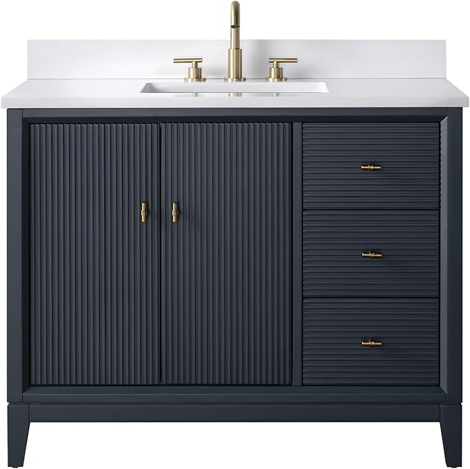 Vanity Art 42" Bathroom Vanity with Single Sink & Arabescato White Engineered Stone Top, Soft Closing Door, Solid Wood Frame, Golden Brushed Handles, Vintage Spruce Blue VA8142-VSB-GB