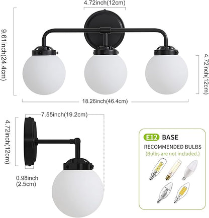 Bathroom Light Fixtures, 18.26'' Black Vanity Light, Modern 3 Lights Wall Sconce with Milky Glass Globe Shade, Mid-Century Bathroom Lighting Fixtures Over Mirror for Bathroom, Living Room
