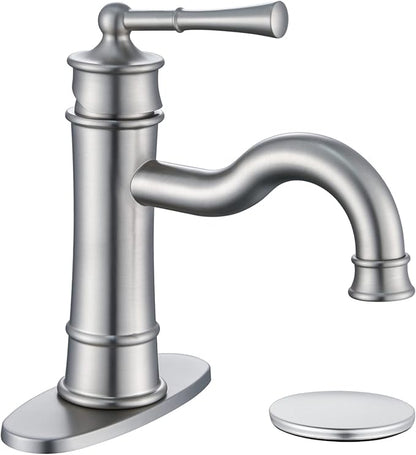 Roman Bathroom Sink Faucet Brushed Nickel Single Hole Deck-Mount Pop-up Drain Assembly with Overflow Deck Plate and Water Supply Lines Included