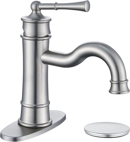 Roman Bathroom Sink Faucet Brushed Nickel Single Hole Deck-Mount Pop-up Drain Assembly with Overflow Deck Plate and Water Supply Lines Included
