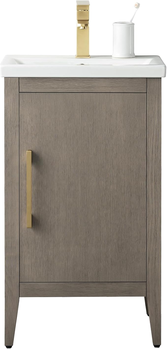 Vanity Art 20 inch Bathroom Vanity with Single Sink & Ceramic Top, Vanity Cabinet with Soft-Closing Doors, Solid Wood Frame, Driftwood Gray, VA9020-DG-GB1