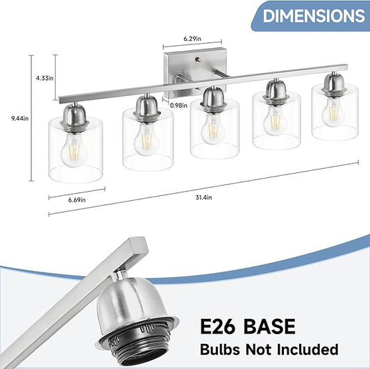 Modern Brushed Nickel 5 Light Bathroom Vanity Light, 31 inch Bathroom Lights Fixtures, Vanity Lights for Mirror Kitchen Living Room Hallway Cabinet Porch