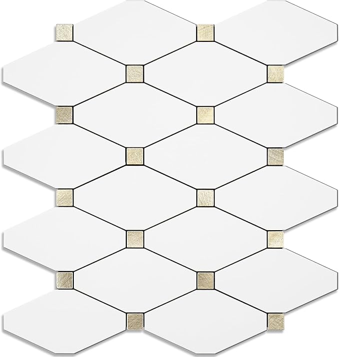 STICKGOO 1 Sheet Peel and Stick Backsplash, Pure White Marble Look PVC Mixed Metal Gold Kitchen Backsplash, Stick on Backsplash Wall Tiles for Kitchen, Bathroom, RV