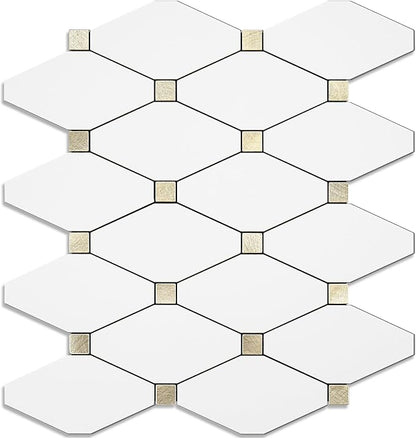 STICKGOO 1 Sheet Peel and Stick Backsplash, Pure White Marble Look PVC Mixed Metal Gold Kitchen Backsplash, Stick on Backsplash Wall Tiles for Kitchen, Bathroom, RV