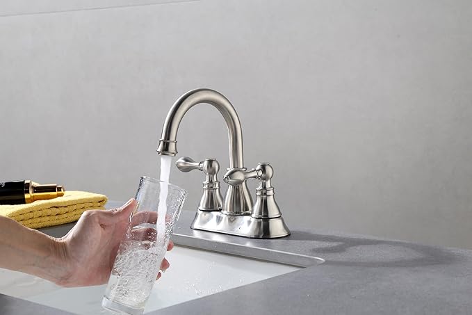 2 Handle Brushed Nickel Bathroom Sink Faucet 3 Hole Faucet with Overflow Pop up Drain,360° Swivel Spout 4 Inch Centerset Bathroom Faucet Without Supply Hoses,Meets cUPC NSF 61-9 AB1953,2 Pack