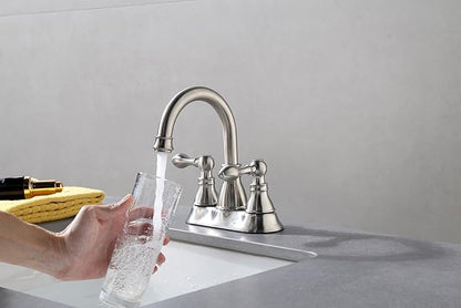 2 Handle Brushed Nickel Bathroom Sink Faucet 3 Hole Faucet with Overflow Pop up Drain,360° Swivel Spout 4 Inch Centerset Bathroom Faucet Without Supply Hoses,Meets cUPC NSF 61-9 AB1953,2 Pack