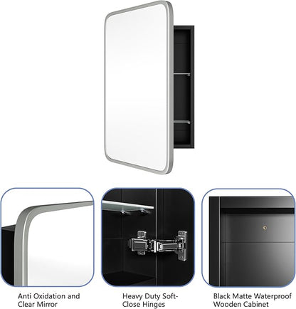 Vintage-Style Bathroom Wood Black Cabinet with 16.5''x24'' Brushed Nickel Metal Frame Curved Mirror, Recessed Medicine Cabinet, Bathroom Storage Cabinet